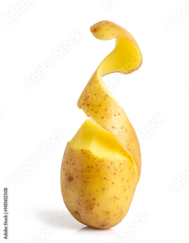 Peeled potato with curling skin on white background