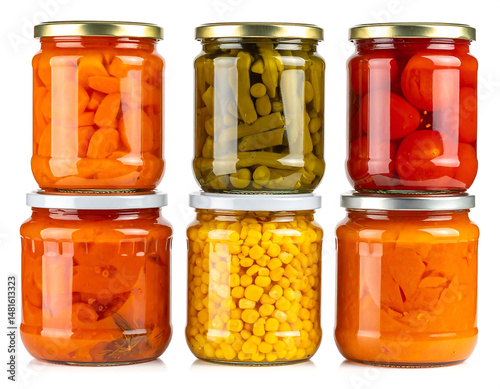 Row of six different canned vegetables and fruits in jars