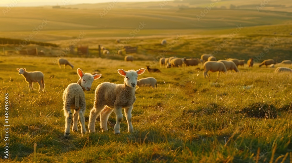Fototapeta premium Lambs graze in golden sunset field