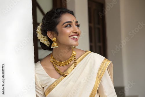 Portrait of a beautiful Indian woman wearing traditional Kerala saree with gold jewelry, standing outdoors near tropical banana leaves.
