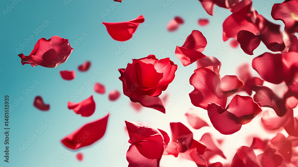 Fototapeta premium Red rose petals flying, romance and love background. [Skyroot Canopy] | Windborne Garden | airborne petals. Illustration