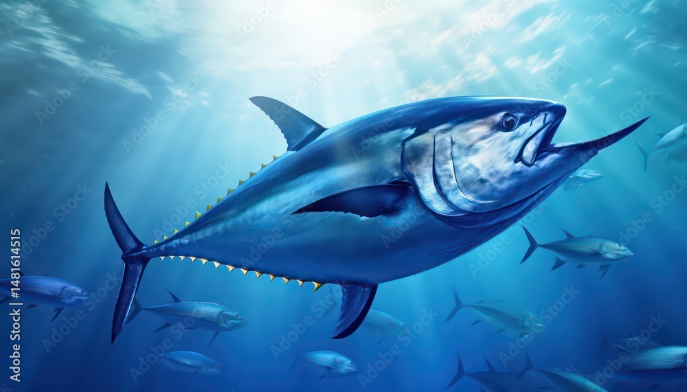 Obraz premium Swarm of Bluefin Tuna in the middle of the blue ocean