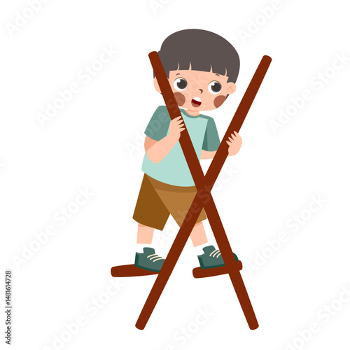 Cartoon boy balancing on wooden stilts, playful adventure.