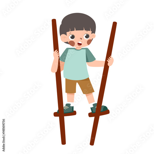 Animated boy on stilts, balancing, smiling, light green shirt, brown shorts.