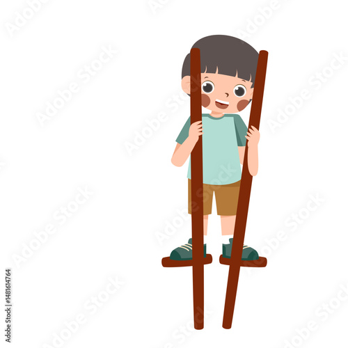 Child on Stilts: Upward Gaze, Joyful Expression, Simple Illustration.