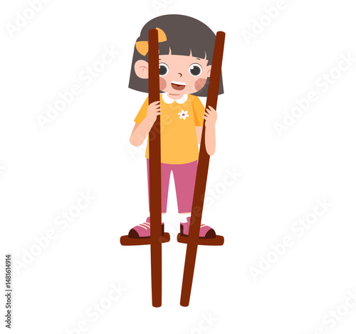 Girl on Stilts: Playful Childhood Fun, Wooden Sticks, Pink Pants, Yellow Shirt, Happy Expression.