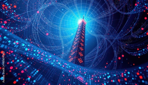 Futuristic data tower: Red and blue glowing digital connectivity concept.