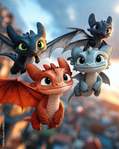 Adorable baby dragons soaring in the sky