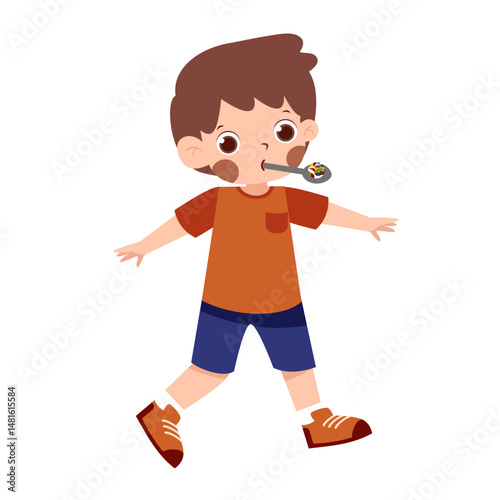 Boy with Whistle: Cartoon Illustration, Brown Hair, Orange Shirt, Blue Shorts, Cheerful Expression.