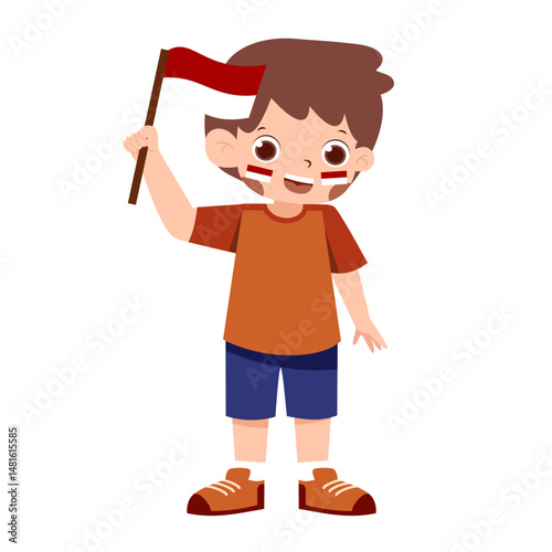 Joyful child waving a red and white flag, face painted with stripes, celebrating national pride.