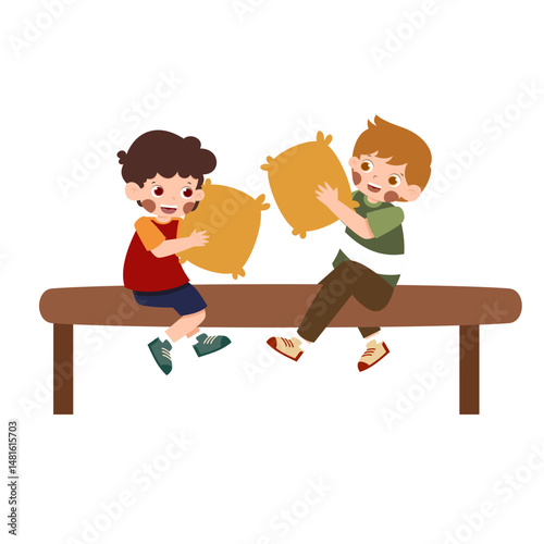 Playful Boys on Bench: Pillow Fight Fun, Cartoon Style Illustration.