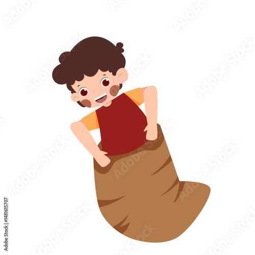Joyful boy in sack race, cartoon illustration, childhood game.