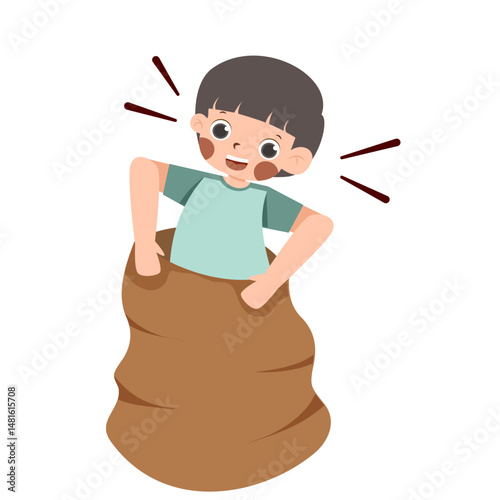 Cartoon Boy Joyfully Hopping in a Sack Race, Eyes Wide, Cheeks Rosy.