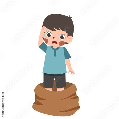 Distressed Boy in Sack Race, Sweaty and Upset, Cartoon Style Illustration