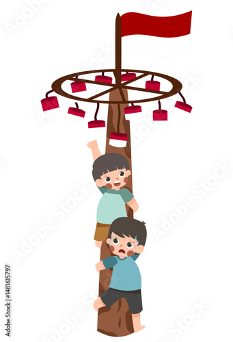 Boys Climbing Greased Pole for Prizes, Red Flag at Top.