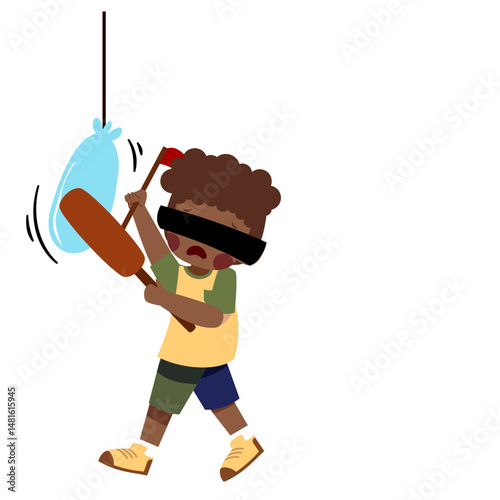 Blindfolded Child Hits a Hanging Balloon with a Bat.