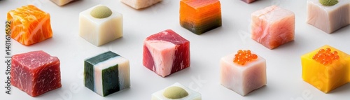 Colorful gourmet cube desserts on a plate.