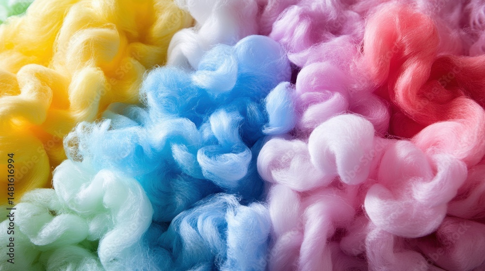 Naklejka premium Close-up of colorful cotton candy clouds in pastel shades, overhead shot, soft and fluffy texture for backgrounds and designs
