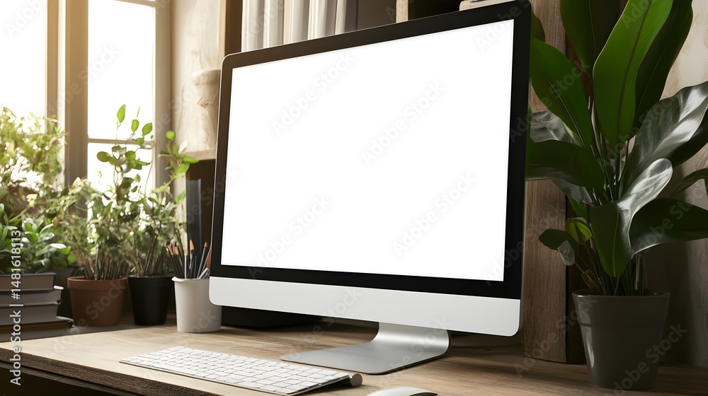 Fototapeta premium Modern workspace desktop computer with plants.