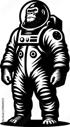 Sketchy cosmic emblem of gorilla astronaut dressed in space traveler costume in monochrome. Engraving minimalistic vector in black ink drawing on transparent background