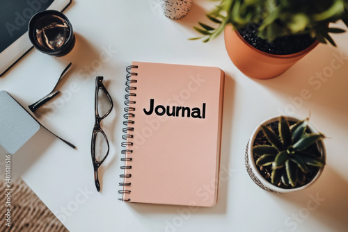 pink journal sits on desk surrounded by plants and glasses, inviting creativity and reflection