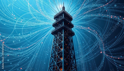 Futuristic tower with glowing data streams, technology and network concept.