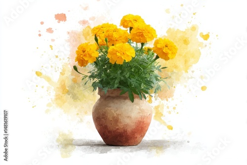 Fototapeta Naklejka Na Ścianę i Meble -  Yellow flowers in rustic clay pot with watercolor background.