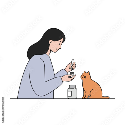 Woman giving cat medicine while smiling at home 
