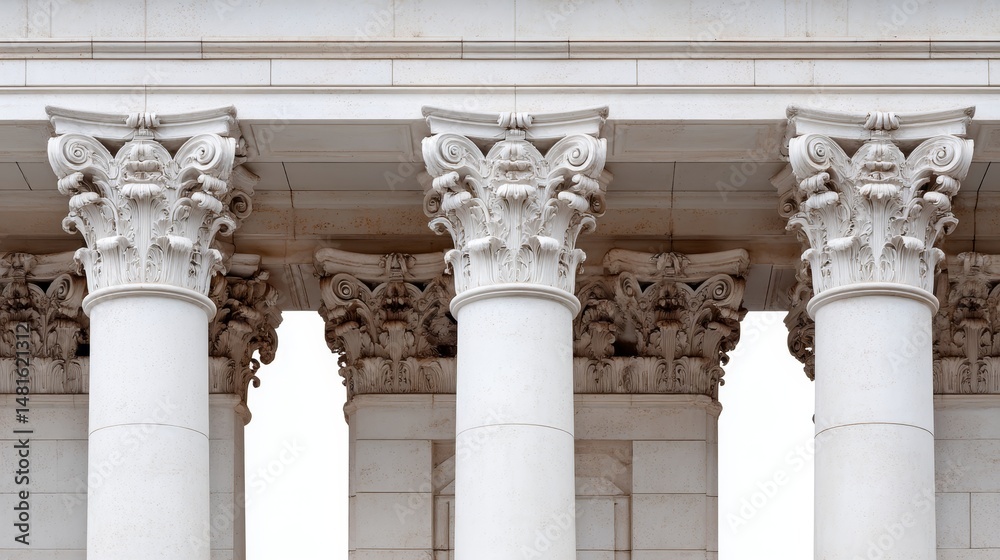 Naklejka premium Front-facing view of classical Greek columns isolated on a white background, showcasing intricate details for design or architectural purposes