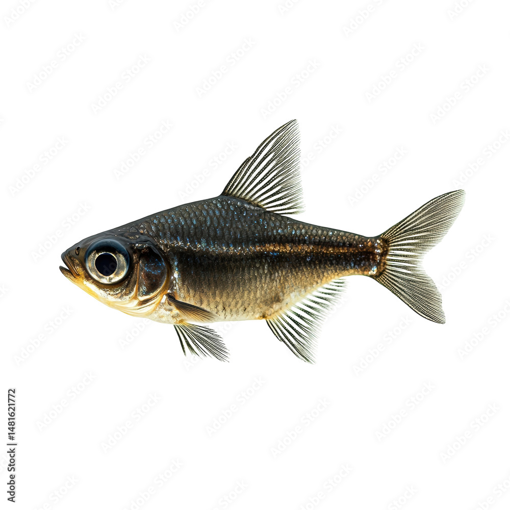 Fototapeta premium Stunning black ghost knife fish detailed profile view against black on transparent background