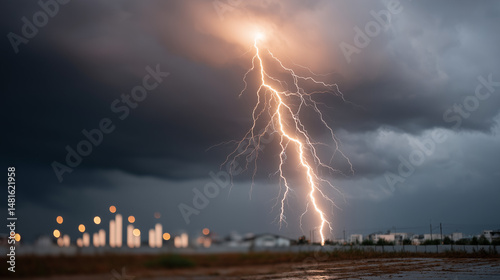 Lightning Strike over City: A dramatic lightning bolt illuminates the dark, stormy sky above a city skyline, creating a powerful and awe-inspiring image.
