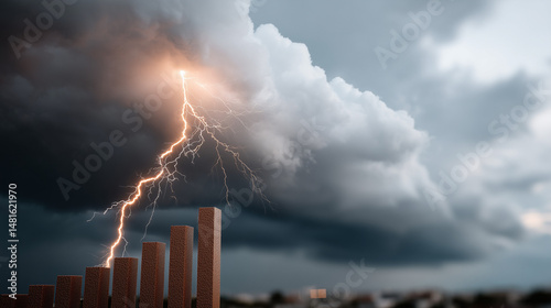 Dramatic Market Volatility: A visual metaphor representing a spike of trading chart amidst a stormy sky, depicting risk, uncertainty and economic shifts.