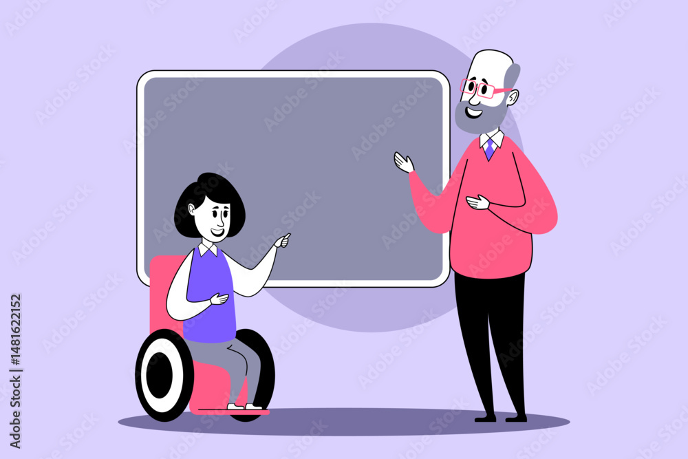 Obraz premium Elderly man in glasses explaining concepts in front of blackboard while young girl in wheelchair participating actively. Inclusive educational environment concept