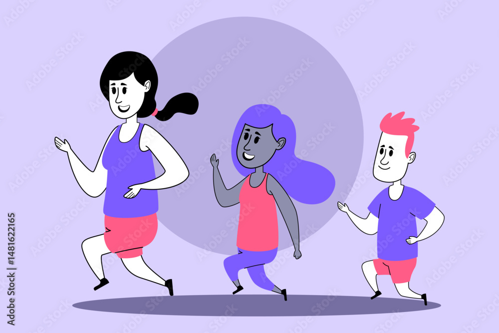 Naklejka premium Three diverse students jogging together in park. People enjoying their exercise, wearing colorful athletic gear