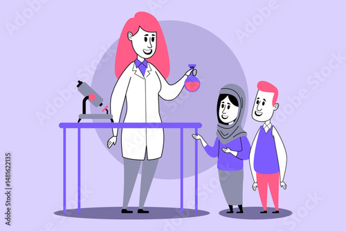 Teacher in lab coat holding colorful flask while engaging two students. Interest in science through collaborative learning and observation concept