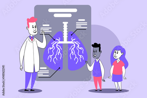 Doctor in white coat illustrating lung anatomy to two students. Engaging lesson with diagram of human lungs with detailed annotations
