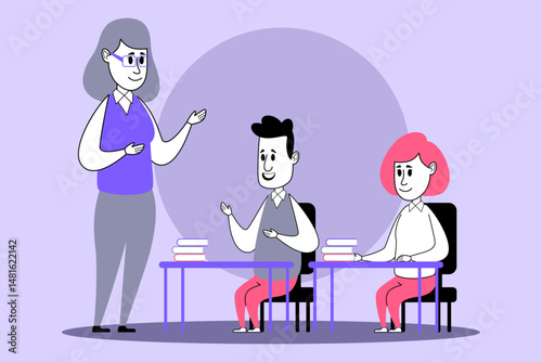 Teacher conducting lively discussion with two students seated at desks in modern classroom. Interaction and learning, educational engagement concept