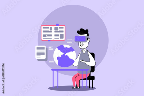 Student engaged with virtual reality headset while sitting at desk. Educational materials highlighting global geography and modern learning methods