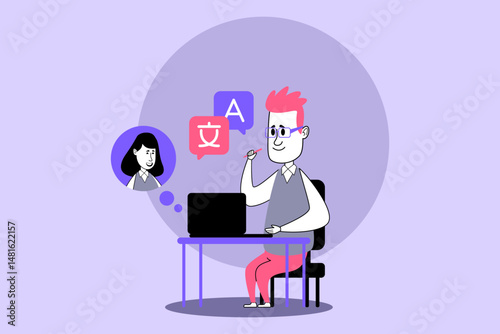 Person engaged in online language education at desk, focused on learning and interacting with virtual tutor. Colorful icons representing different languages, enhancing educational experience