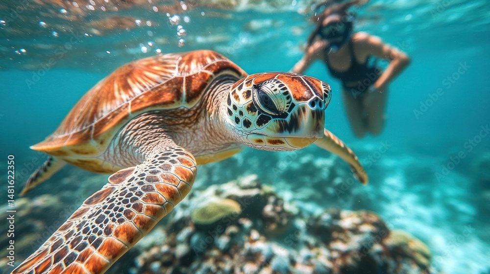 Fototapeta premium Sea turtle encounters a diver