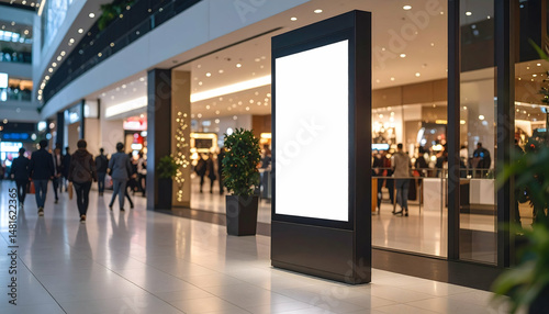 Indoor Shopping Mall Displaying Vertical Advertising Billboard Mockup With Blurred People Walking In Background Under Bright Lighting