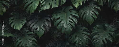 Dark, rich tones, oversized tropical leaves, dense pattern , dense, design, red