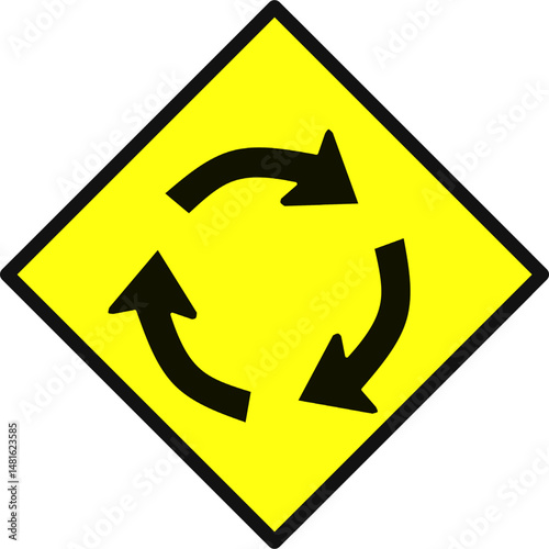 Yellow diamond-shaped traffic warning sign with circular arrows symbol, indicating a roundabout ahead. Used to alert drivers to yield and circulate in one direction