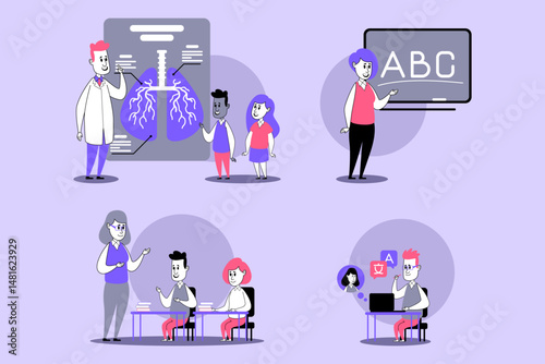 Collection of educational activities featuring doctor explaining anatomy, teacher introducing alphabet, and students engaging in collaborative learning