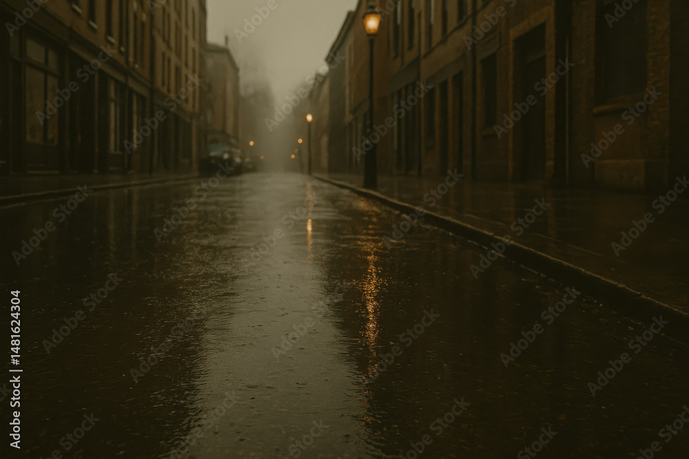 Fototapeta premium Rainy empty street at night with wet pavement reflecting street lights and old buildings on both sides creating moody atmosphere