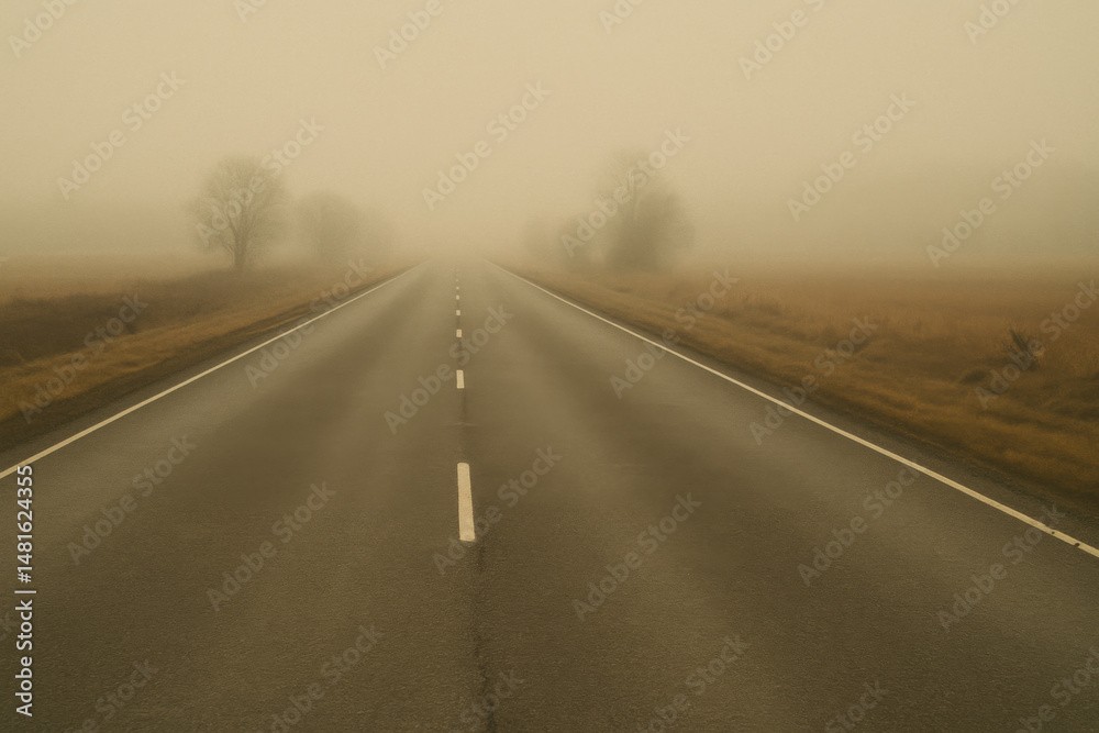 Fototapeta premium Foggy empty road with bare trees and dry grass on both sides, creating mysterious and calm atmosphere