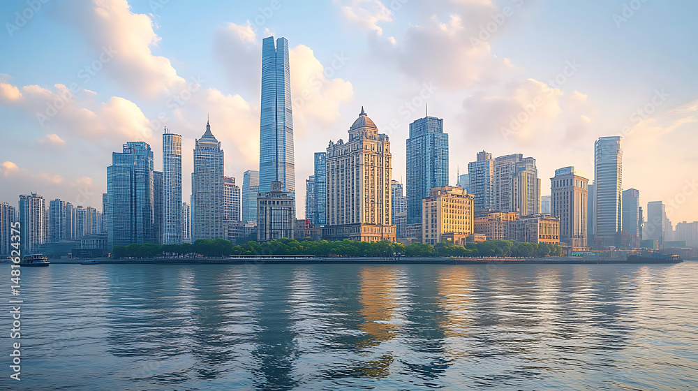 Naklejka premium Sleek architectural skyline of modern steel cityscape high resolution picture