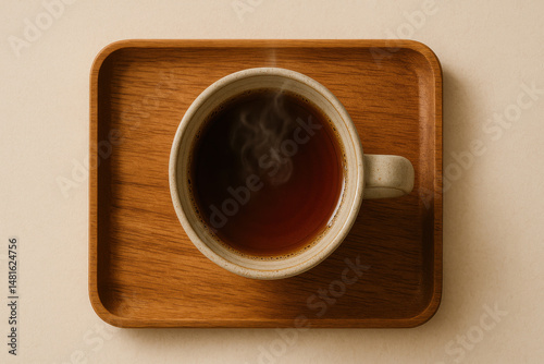 Steaming hot black coffee in ceramic cup placed on wooden tray, creating warm and cozy atmosphere for relaxing moment