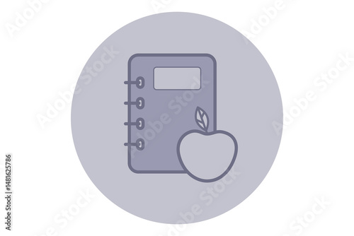 Simple icon of education, featuring notebook with rings and apple. Learning and knowledge concept, often associated with school settings