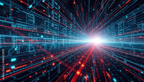 Futuristic data flow, digital circuit board, red and blue light.